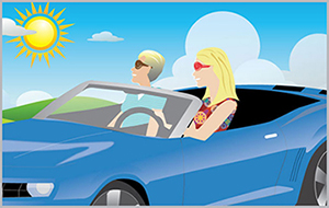 Cartoon Image of people driving a convertible